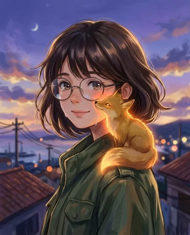 Anime — Shinkai Style, Mediterranean Hillside 2 — Nano Banana AI Prompt: Her worn leather satchel swings at her hip. A small golden fox spirit with lumin...