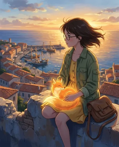 Anime — Shinkai Style, Mediterranean Hillside 4 — Nano Banana AI Prompt: Makoto Shinkai-inspired palette. Dynamic action shot — a young girl with windswe...