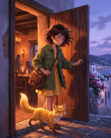 Anime — Shinkai Style, Mediterranean Hillside 5 — Nano Banana AI Prompt: The fox's bioluminescent glow creates a warm amber beacon against the cool viole...