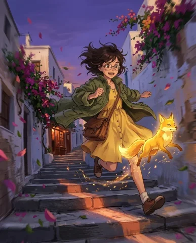 Anime — Shinkai Style, Mediterranean Hillside 6 — Nano Banana AI Prompt: Anime girl with round glasses pausing on Mediterranean stone steps at violet dus...