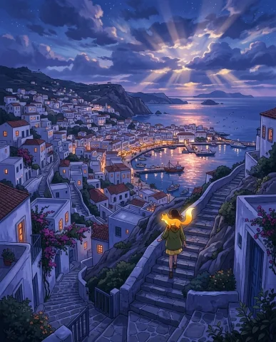 Anime — Shinkai Style, Mediterranean Hillside 7 — Nano Banana AI Prompt: Anime girl walking through a narrow Mediterranean alley with laundry lines above...