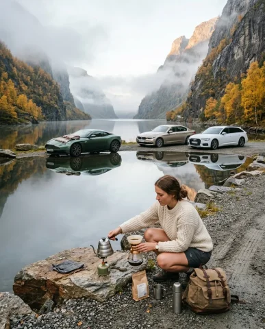 Grand Touring Cars at Misty Norwegian Fjord 1 — Nano Banana AI Prompt: Ultra-realistic wide landscape shot of a Norwegian fjord at early morning. The m...