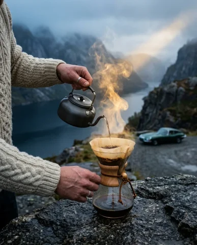 Grand Touring Cars at Misty Norwegian Fjord 2 — Nano Banana AI Prompt: Ultra-realistic lifestyle shot at a Norwegian fjord on a misty morning. The pers...