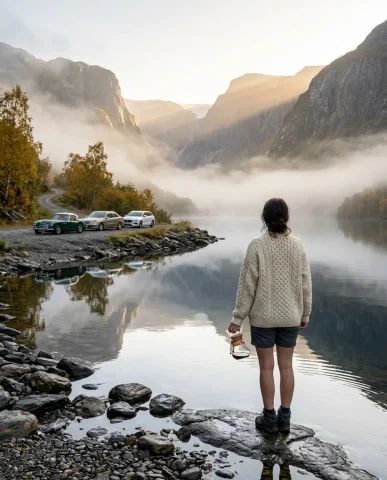 Grand Touring Cars at Misty Norwegian Fjord 7 — Nano Banana AI Prompt: Three-quarter front view of a British Racing Green coupé glistening with morning...