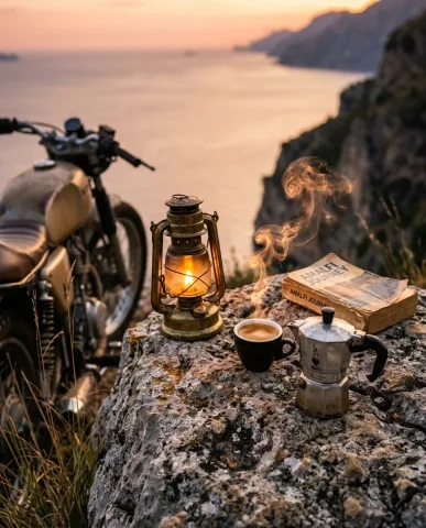 Adventure Motorcycles on Amalfi Coast at Sunset 2 — Nano Banana AI Prompt: Person sitting on a canvas stool sipping espresso at a cliffside viewpoint on th...