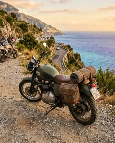 Adventure Motorcycles on Amalfi Coast at Sunset 3 — Nano Banana AI Prompt: Close-up of a small metal moka pot and espresso cup on rocky ground beside a glo...