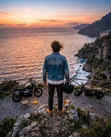 Adventure Motorcycles on Amalfi Coast at Sunset 4 — Nano Banana AI Prompt: Matte olive-green scrambler motorcycle parked on an Amalfi Coast gravel shoulder...