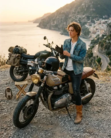 Adventure Motorcycles on Amalfi Coast at Sunset 5 — Nano Banana AI Prompt: Person standing at the cliff edge of the Amalfi Coast at sunset, back to camera,...