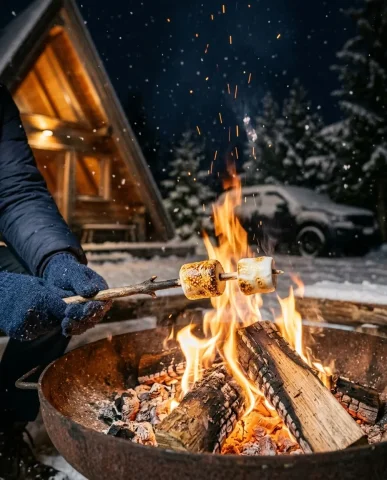 Snowy Alpine Cabin with Off-Road Vehicles 2 — Nano Banana AI Prompt: Ultra-realistic three-quarter shot of the dark forest-green vintage Land Rover D...