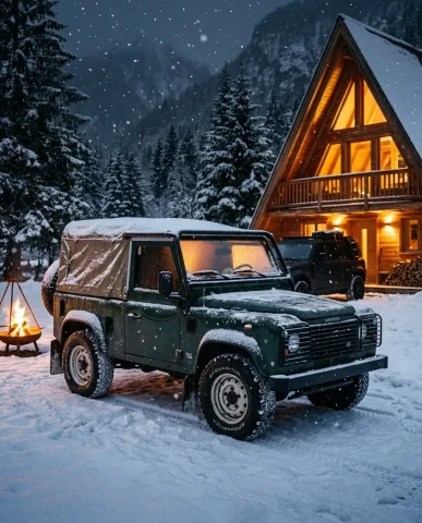 Snowy Alpine Cabin with Off-Road Vehicles 3 — Nano Banana AI Prompt: Ultra-realistic wide establishing shot of the Swiss Alpine A-frame cabin scene a...