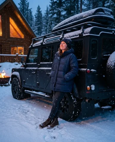 Snowy Alpine Cabin with Off-Road Vehicles 5 — Nano Banana AI Prompt: Dark forest-green Land Rover Defender with snow on its canvas soft-top, the A-fr...