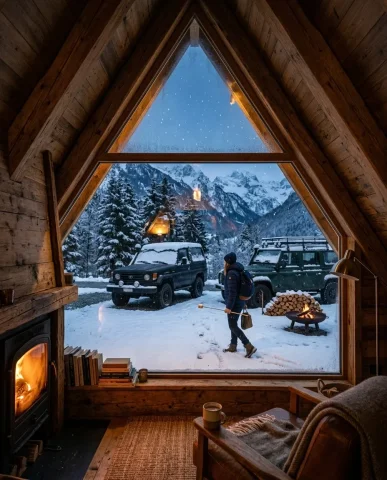 Snowy Alpine Cabin with Off-Road Vehicles 6 — Nano Banana AI Prompt: View from inside the A-frame cabin through the tall triangular window, looking o...