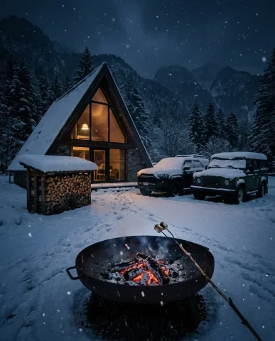 Snowy Alpine Cabin with Off-Road Vehicles 7 — Nano Banana AI Prompt: Ultra-realistic atmospheric shot of the Swiss Alpine A-frame cabin scene late at...