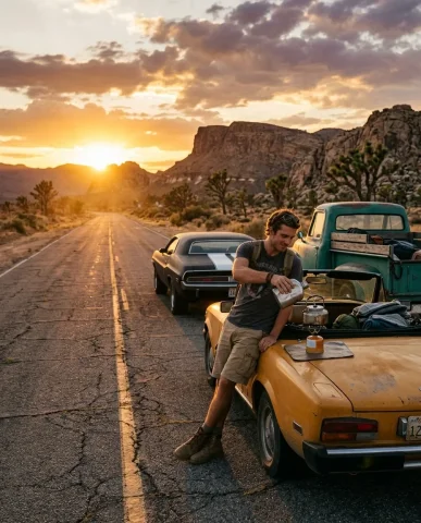 Classic Cars on Desert Highway at Sunset 1 — Nano Banana AI Prompt: Ultra-realistic three-quarter profile shot of the matte-black muscle car with wh...