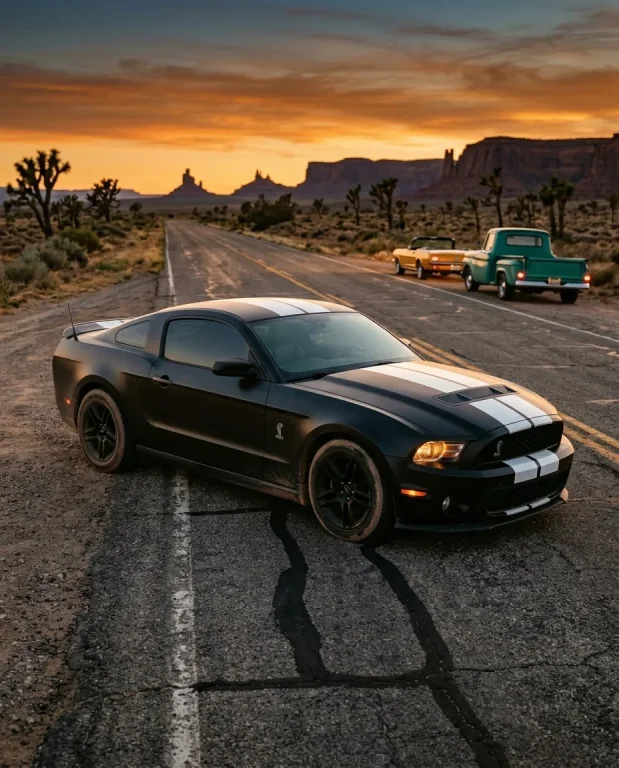 Classic Cars on Desert Highway at Sunset 2