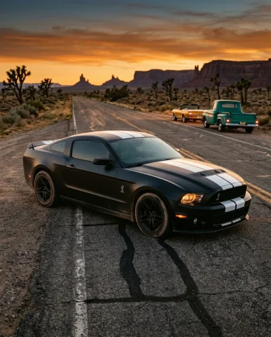 Classic Cars on Desert Highway at Sunset 2 — Nano Banana AI Prompt: Ultra-realistic close-up detail shot on the hood of the saffron-yellow convertib...