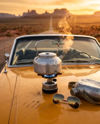 Classic Cars on Desert Highway at Sunset 3 — Nano Banana AI Prompt: Ultra-realistic lifestyle shot of the person sitting in the back of the vintage...