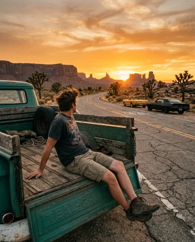 Classic Cars on Desert Highway at Sunset 4 — Nano Banana AI Prompt: Ultra-realistic wide landscape shot of the cracked two-lane desert highway stret...