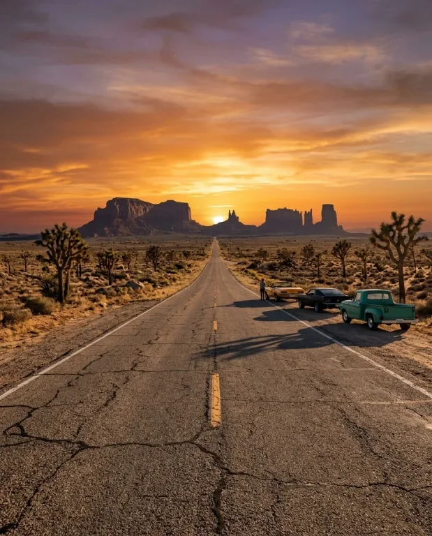 Classic Cars on Desert Highway at Sunset 5