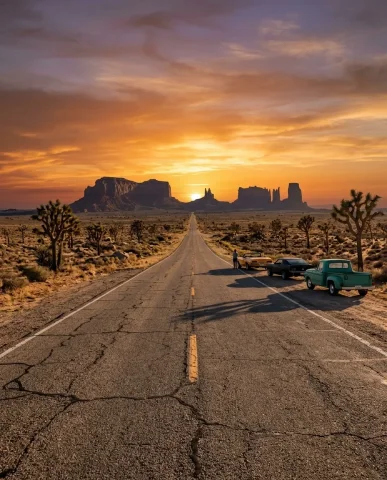 Classic Cars on Desert Highway at Sunset 5 — Nano Banana AI Prompt: The top is still down. The person sits in the driver's seat, one hand on the whe...