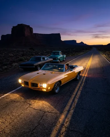 Classic Cars on Desert Highway at Sunset 7 — Nano Banana AI Prompt: Matte-black muscle car with white racing stripes on a desert highway at sunset,...