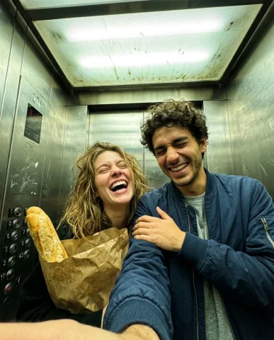 Accidental Elevator Selfie with a Friend 3 — Nano Banana AI Prompt: An iPhone photo aimed directly at the scratched stainless-steel elevator mirror,...
