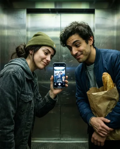 Accidental Elevator Selfie with a Friend 6 — Nano Banana AI Prompt: Phone selfie attempt in the scratched stainless-steel elevator — both subjects t...