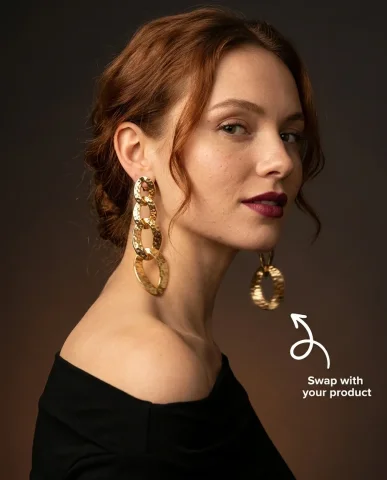 Valentino Style Gold Statement Earrings Portrait 3 — Nano Banana AI Prompt: Extreme close-up beauty portrait focusing on the left ear and jawline of a femal...