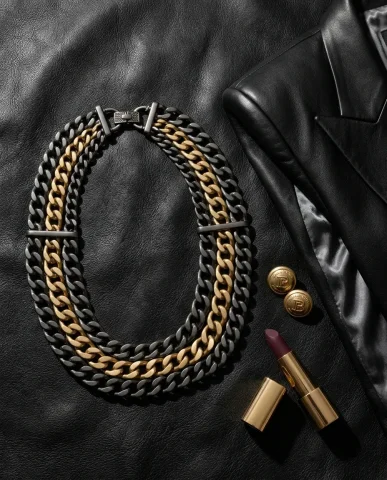 Balmain Style Dramatic Gold Earrings Portrait 7 — Nano Banana AI Prompt: The structured black leather blazer's military shoulder pad creates a strong ang...