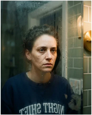 Mirror Selfie — Bathroom Introspection 2 — Nano Banana AI Prompt: The person with distinctive features wears the navy oversized crewneck sweatshir...