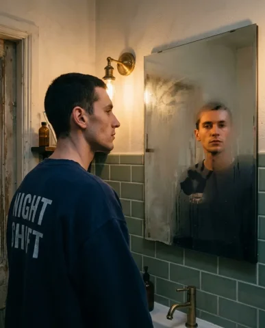 Mirror Selfie — Bathroom Introspection 3 — Nano Banana AI Prompt: Hyper-realistic photo from a side angle in a dimly lit bathroom with sage-green...