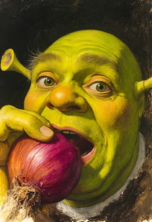 Shrek, Green Ogre Closeup Biting Into A Juicy Onion, 5 Finge...