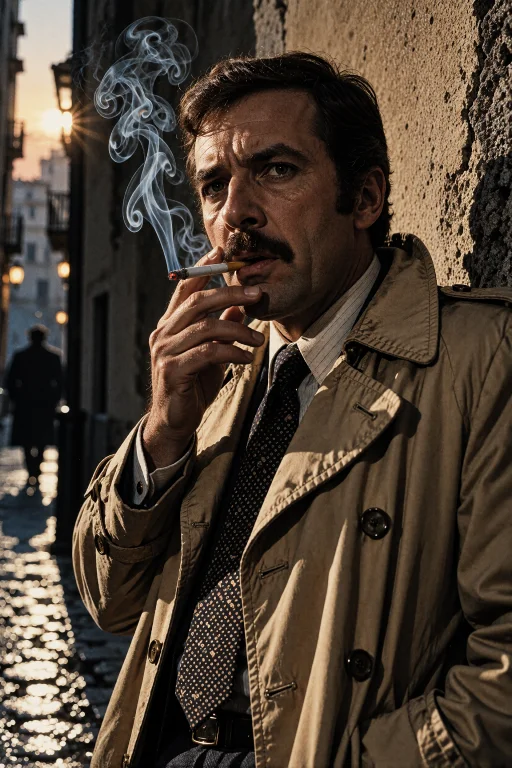 A Lone Italian Detective With A Moustache In A Rumpled Trenc...