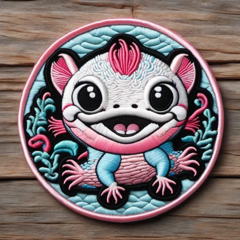 Ral-embroideredpatch Embroidered Patch Of A Chubby Smiling A... — SDXL AI Prompt: ral-embroideredpatch Embroidered patch of a chubby smiling axolotl, big external...
