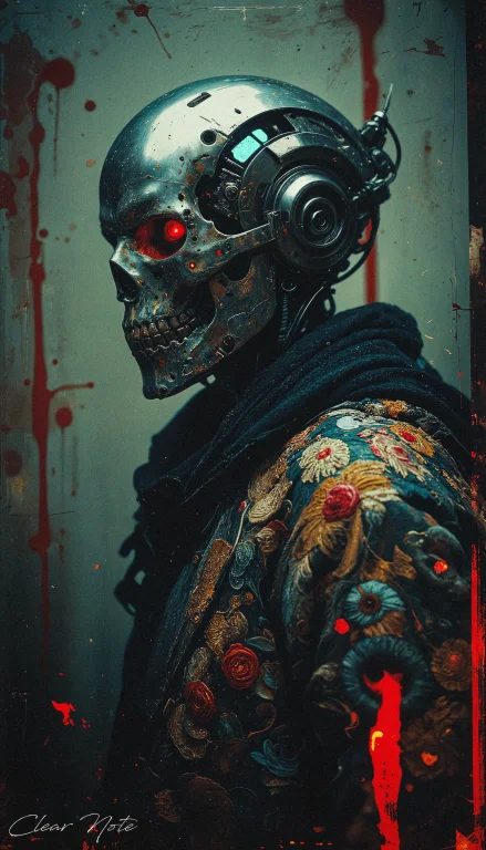 A Cyborg Reaper Clad In A Floral-patterned Jacket Stands Ami...