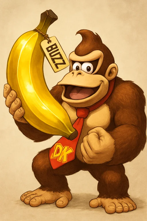 Donkey Kong With A Huge Golden Banana With A Tag That Says B...