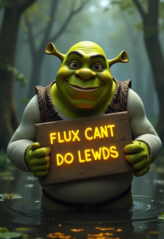 Photorealistic Shrek, Holding A Sing That Says Flux Cant Do...