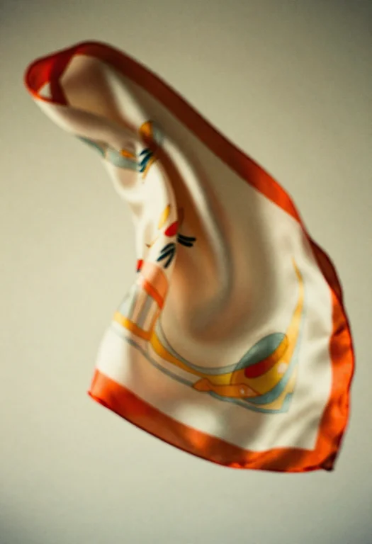 A Silk Scarf Lifting In A Soft Studio Breeze, Shot On Film,...
