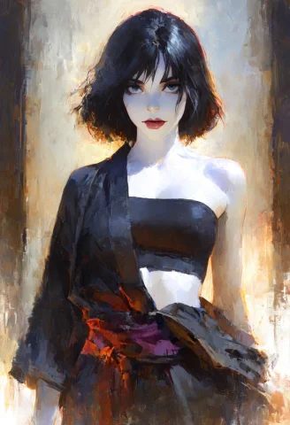 Stable Diffusion Girl Kimono — Stable Diffusion AI Prompt: oil painting style, dramatic lighting, 1girl, black clothes, kimono, wide pants,...