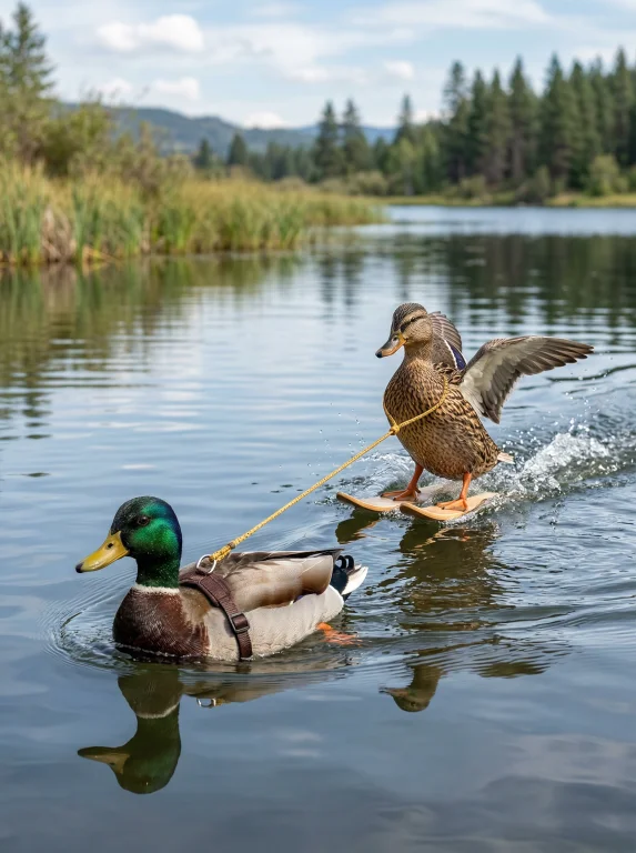 Two Ducks On A Calm Freshwater Lake, One Duck Actively Pulli...