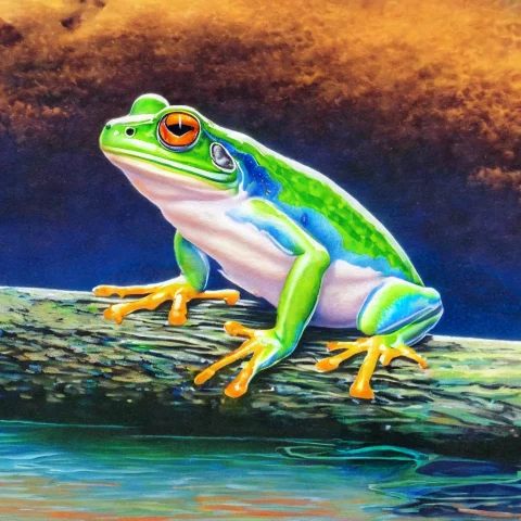 A Lonely Frog Sitting On A Log Alone Alone In A Bubbling Str... — Stable Diffusion AI Prompt: A lonely frog sitting on a log alone alone in a bubbling stream SCG768-illustrat...