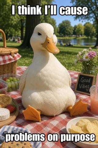Draw Me A Cute Duck Sitting In The Middle Of A Picnic In A P... — Stable Diffusion AI Prompt: Draw me a cute duck sitting in the middle of a picnic in a park. He looking at t...