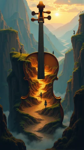 Create A Surr3l Design A Deep Valley Shaped Like A Violin, W... — Stable Diffusion AI Prompt: Create a Surr3@l Design a deep valley shaped like a violin, with its wooden curv...