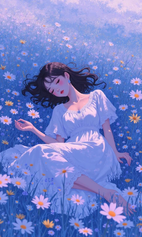 A Young Woman Lies In A Field Of Wildflowers, Creating A Dre...