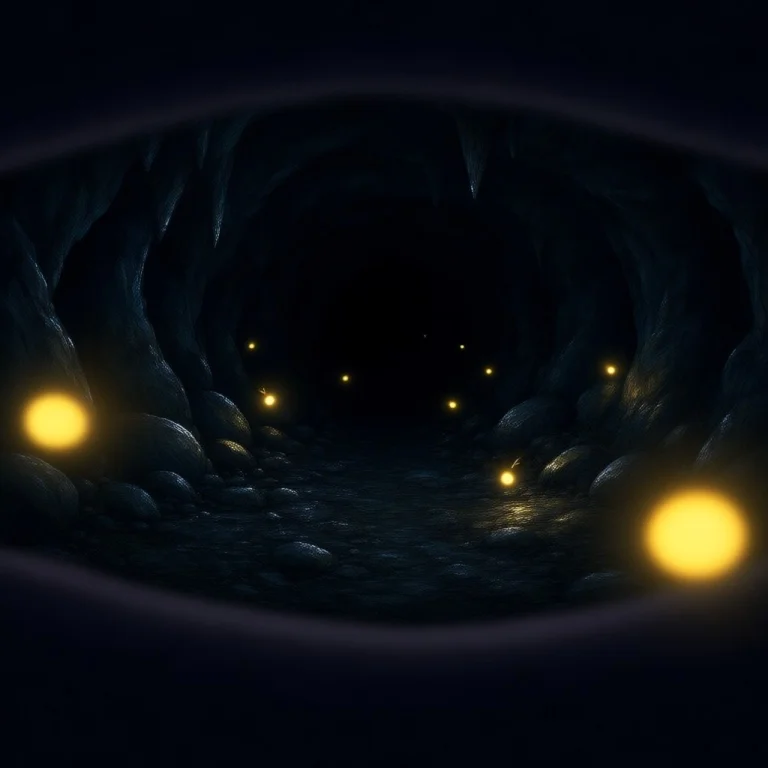 Eyes Half Closed Inside A Cave Illuminated By Fireflies