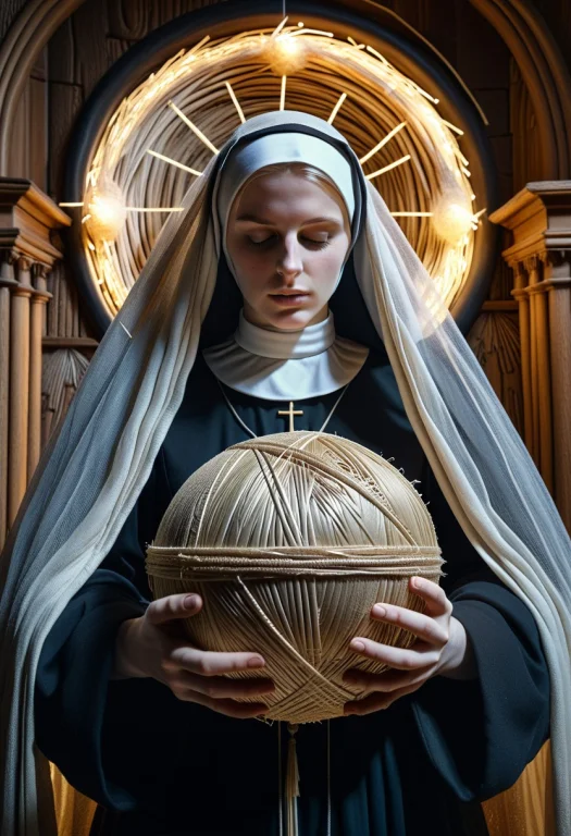 8k, Raw Digital Photo, A Solemn Nun Holding A Gigantic Moon...