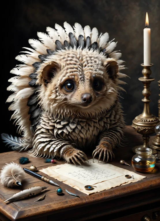Hedgehog Writes A Letter With An Antique Feather, Feather In...