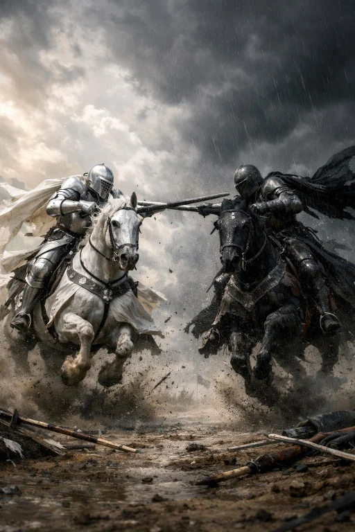 Two Legendary Medieval Knights Jousting On Horseback, Chargi...