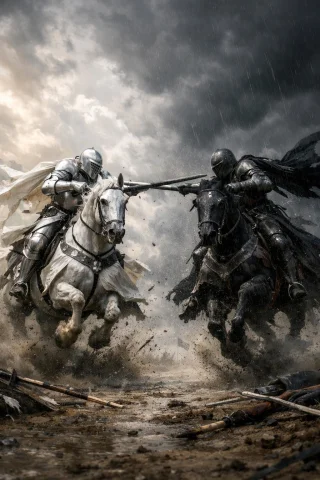 Two Legendary Medieval Knights Jousting On Horseback, Chargi... — Stable Diffusion AI Prompt: Two legendary medieval knights jousting on horseback, charging directly toward e...