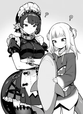 2girls, Masterpiece, Gawr Gura, Ellen Joe, Shark Girl, Shark... — Stable Diffusion AI Prompt: 2girls, masterpiece, gawr gura, ellen joe, shark girl, shark tail, greyscale, mo...